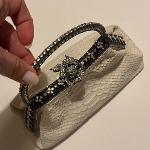 Vintage leather Besso evening bag with rhinestones like new, white