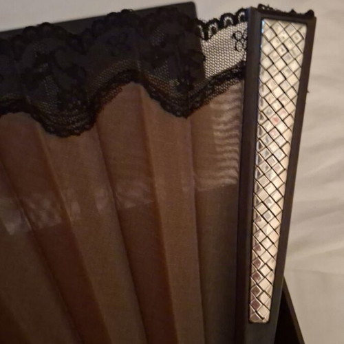 Bottega Veneta large fan with black lace and leather case