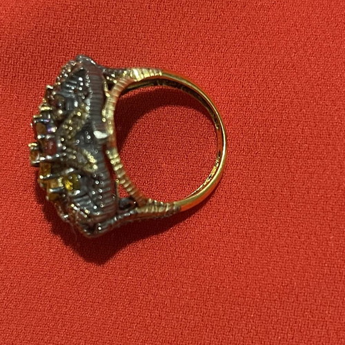 925 silver and 9K gold ring with diamonds and semi-precious stones, size 57