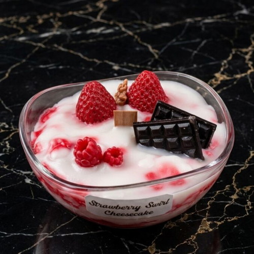 Strawberry Swirl Cheesecake candle in glass bowl