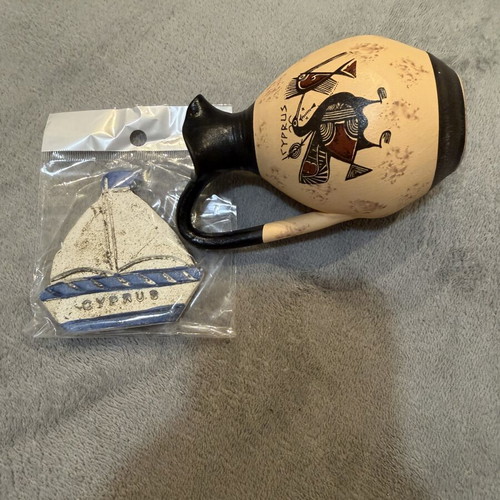 Cypriot souvenir set ceramic vase and boat magnet new