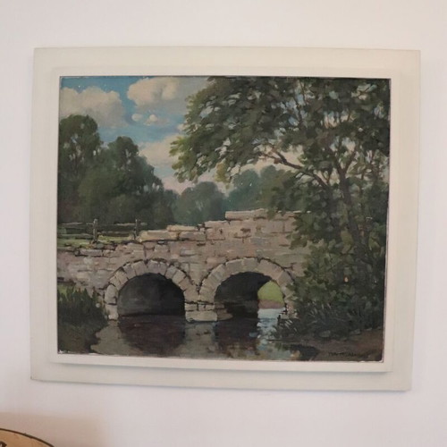 Tom Milbank Signed Painting Landscape with Stone Bridge like new
