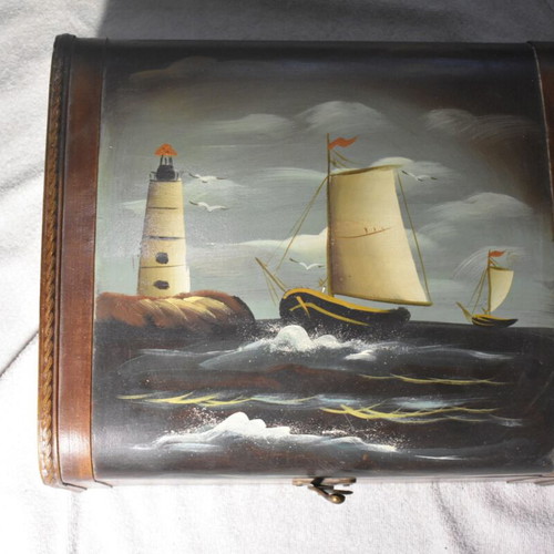 Wooden Storage Box with Nautical Theme vintage style used