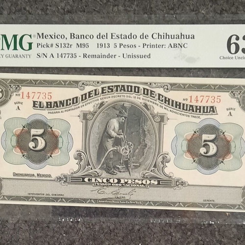 5 Pesos Mexico 1913 Banco del Estado de Chihuahua PMG 63