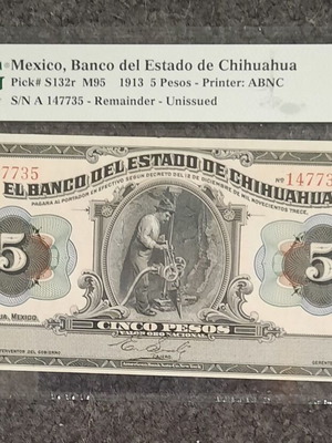 5 Pesos Mexico 1913 Banco del Estado de Chihuahua PMG 63