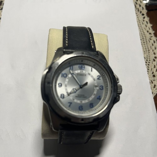 Timex Expedition Shock Resistant men's watch used, silver dial, leather strap