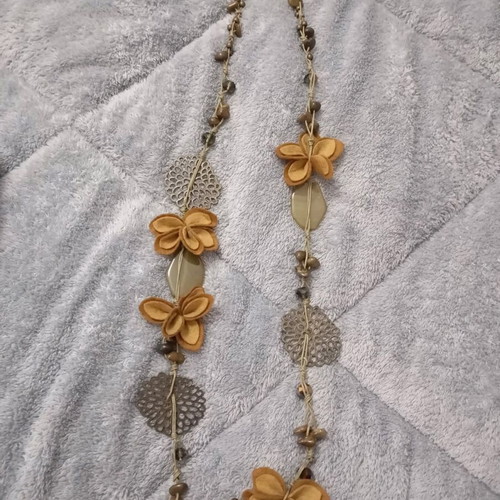 Handmade long necklace with stones and fabric decorations, new