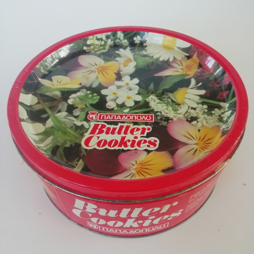 Papadopoulou metal cookie tin used, round red with flowers