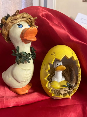Easter ceramic figurines used, duck and duckling in egg set of 2