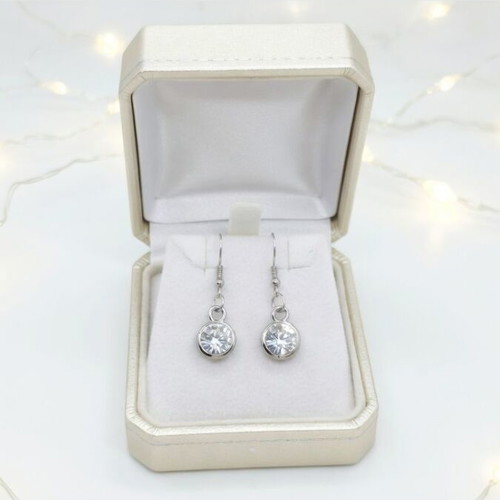 Handmade solitaire drop earrings with sparkling crystal, new, silver