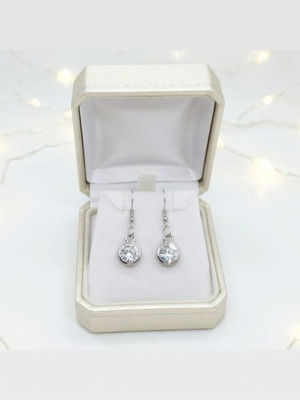Handmade solitaire drop earrings with sparkling crystal, new, silver