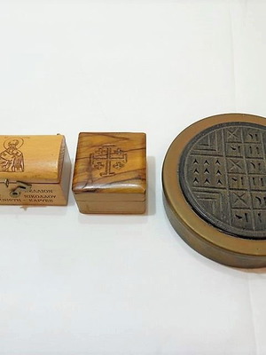 Religious boxes used, bronze and wooden, set of 3 pieces