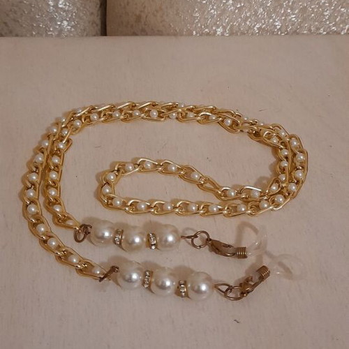 Glasses Chain with Pearls and Adjustable Silicone Bands, Gold and White