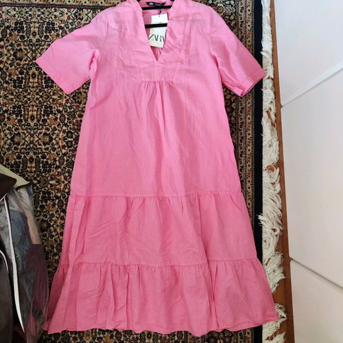 Zara Linen Midi Dress New with Tags, Pink Fuchsia, Size M