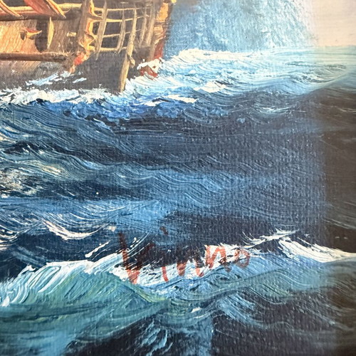 Vintage signed painting Vinno of sailing ships in stormy sea