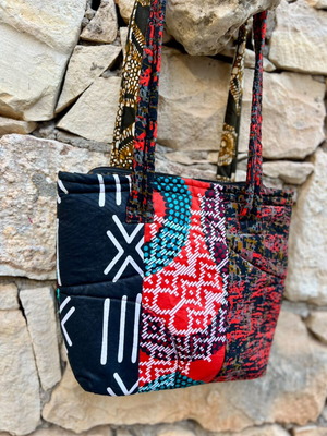 Handmade reversible patchwork shoulder bag, black multicolor