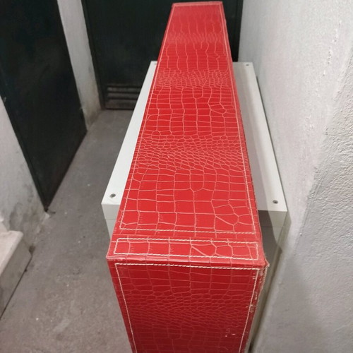 Shelf with red leather upholstery used, 5 compartments for CDs