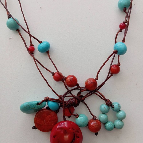 Handmade Boho Necklace with Turquoise, Coral and Waxed Thread like new