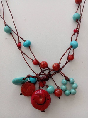 Handmade Boho Necklace with Turquoise, Coral and Waxed Thread like new
