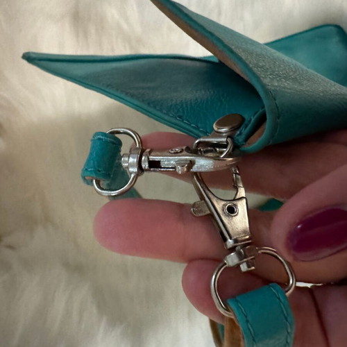 Leather envelope bag used, turquoise with shoulder and hand strap