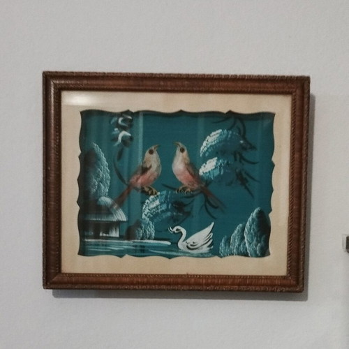 Vintage set of 2 Chinese 3D Feather Art wall frames (1960s-70s)