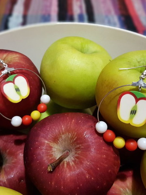 Hoop earrings with apples like new, multicolored, 5 cm diameter