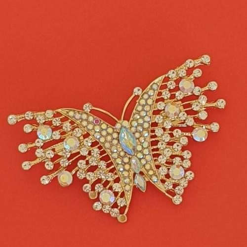 Vintage 70ies butterfly pin with sparkling zircon stones like new, gold color