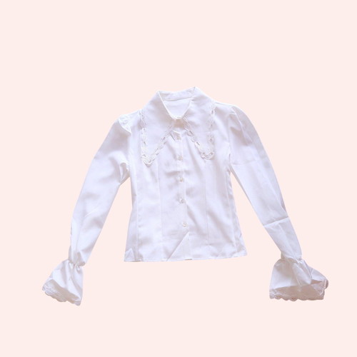 White Embellished Blouse with Embroidered Lace Trim and Poet Sleeves