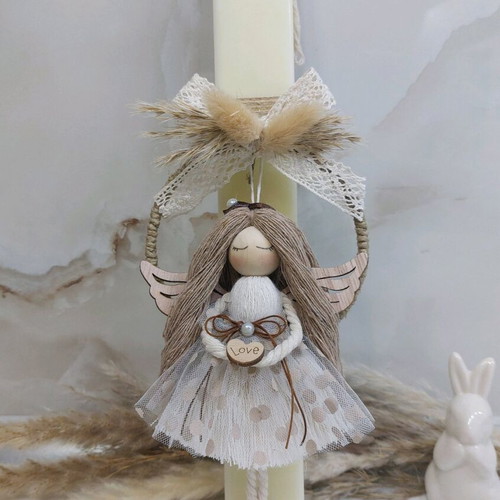 Scented candle with handmade macrame angel decoration new