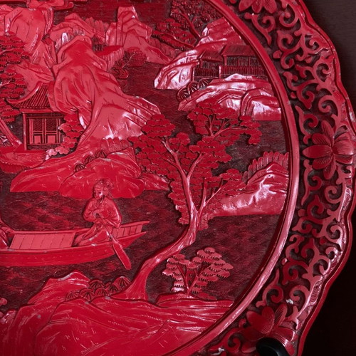 Vintage Chinese handmade Red Cinnabar decorative plate used