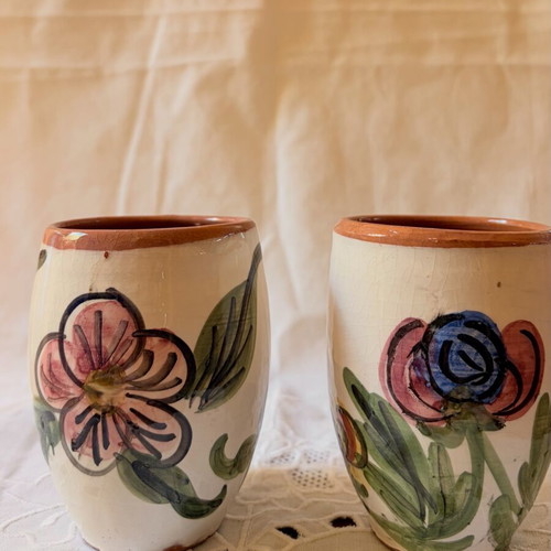 Vintage handmade ceramic cups used, traditional folk art