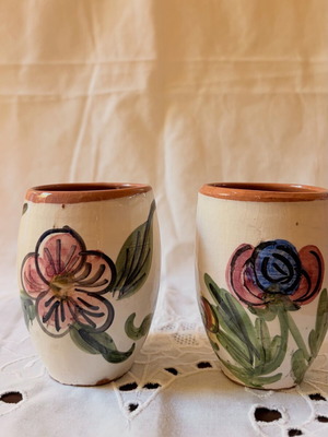 Vintage handmade ceramic cups used, traditional folk art