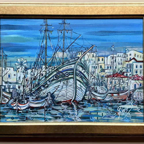 Ελληνικό λιμάνι Ακρυλικός πίνακας υπογεγραμμένος από Γρηγόρη Χριστίδη