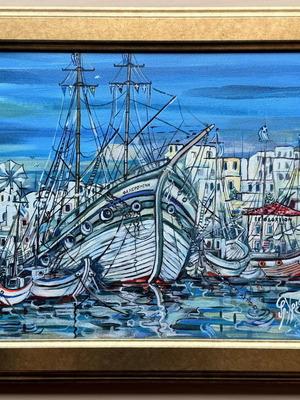 Greek Harbor Acrylic Painting by Grigoris Christidis Signed