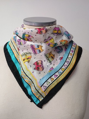 Square silk scarf with cats used, yellow 50x52 cm