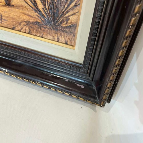 Vintage pyrography wall art with landscape and artist signature, 54x82