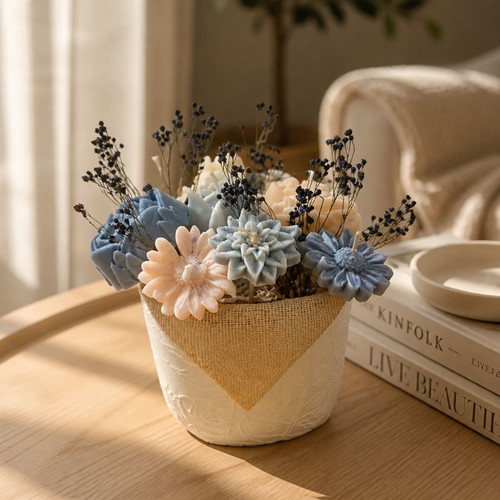 Decorative flower pot with aromatic soy wax flowers