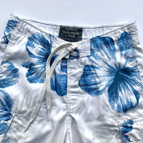Abercrombie & Fitch men's swim shorts size S like new, white with blue flowers