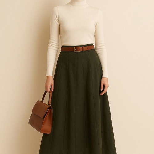 Long pleated skirt in dark khaki wool fabric like new