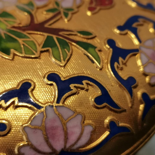 Cloisonne jewelry box used, gold tone with floral motifs and butterflies