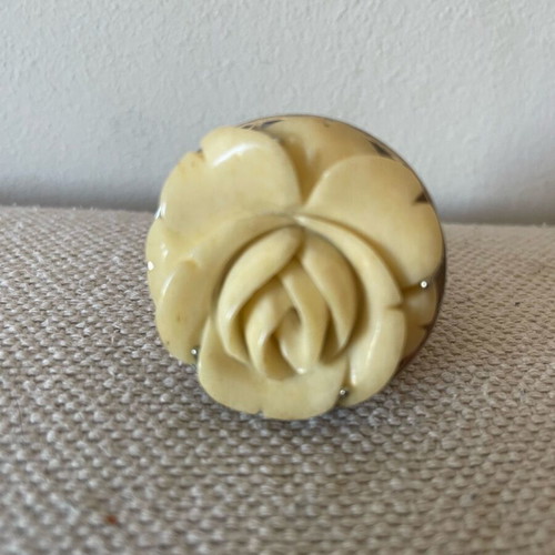 Statement ring handmade from Italy with wood and carved bone flower