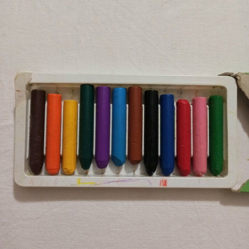 Painting colors used, sets of watercolors and crayons