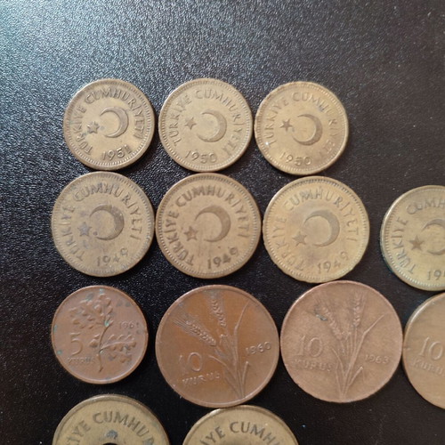 Turkish coins used, lot of 17 pieces 1948–1964