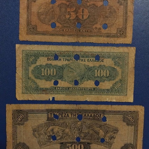 Set of canceled banknotes 50, 100 drachmas 1927 and 500 drachmas 1932 used
