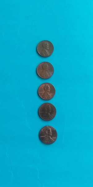 Πέντε κέρματα ONE CENT US. Έτη 1966,1977,1990,1995,1996