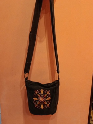 Fabric crossbody bag used black with embroidery