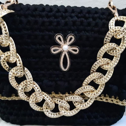 Knitted handmade bag new, black with gold details