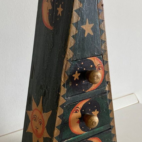 Wooden Pyramid Chest of Drawers used with Hand-Painted Sun Moon Stars