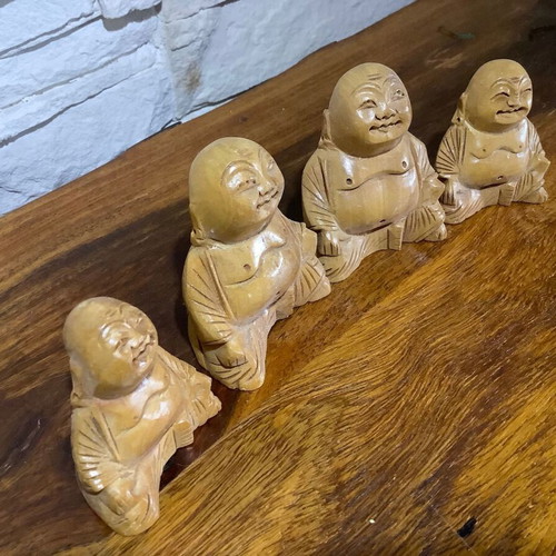 Set of 4 handmade wooden laughing Buddhas used
