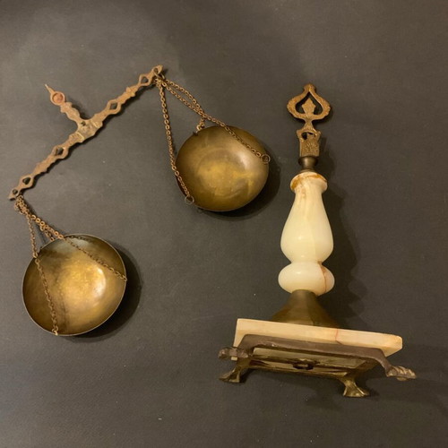Decorative antique scale used with marble base and brass details